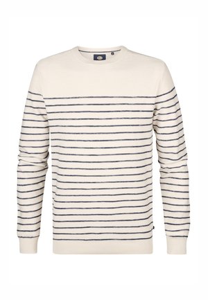 Pulover tricotat de culoare bej deschis, cu dungi orizontale navy, guler rotund și mâneci lungi. Manșetele și tivul ribbate oferă structură.