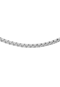 Collana in argento sterling con maglie cilindriche, caratterizzata da una finitura liscia e lucida e un meccanismo di chiusura sicuro.