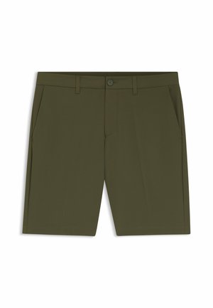 Shorts pour hommes coupe ajustée couleur vert olive avec fermeture à bouton et zip à l’avant, passants pour ceinture et poches latérales.