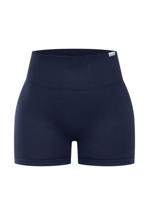 Mørkeblå højtaljede shorts lavet af strækbart materiale, med en glat tekstur og sømløst design uden synlig hardware.