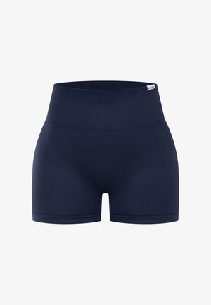 Navyblaue High-Waist-Shorts aus dehnbarem Material, mit glatter Textur und nahtlosem Design ohne sichtbare Beschläge.