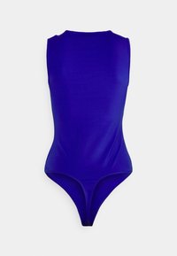 Body sans manches bleu marine avec col montant et coupe string, fabriqué en tissu lisse et extensible. Sans détails ni motifs visibles.