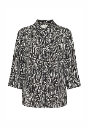 Czarna i biała koszula z guzikami, charakteryzująca się falistym wzorem z różnej wielkości kropek, wykonana z lekkiego materiału, z rękawami o długości trzy czwarte.