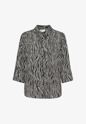 Czarna i biała koszula z guzikami, charakteryzująca się falistym wzorem z różnej wielkości kropek, wykonana z lekkiego materiału, z rękawami o długości trzy czwarte.