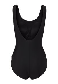 Maillot de bain une pièce noir avec un dos décolleté, fabriqué à partir d'un tissu lisse et extensible ; il dispose de larges bretelles et d'un design élégant et épuré.