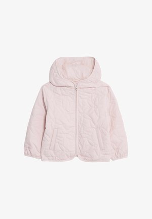 Gequilted roze jasje met een capuchon, voorzien van een rits aan de voorkant, twee zijzakken en een bloemenpatroon dat op de stof is geëmbosseerd.