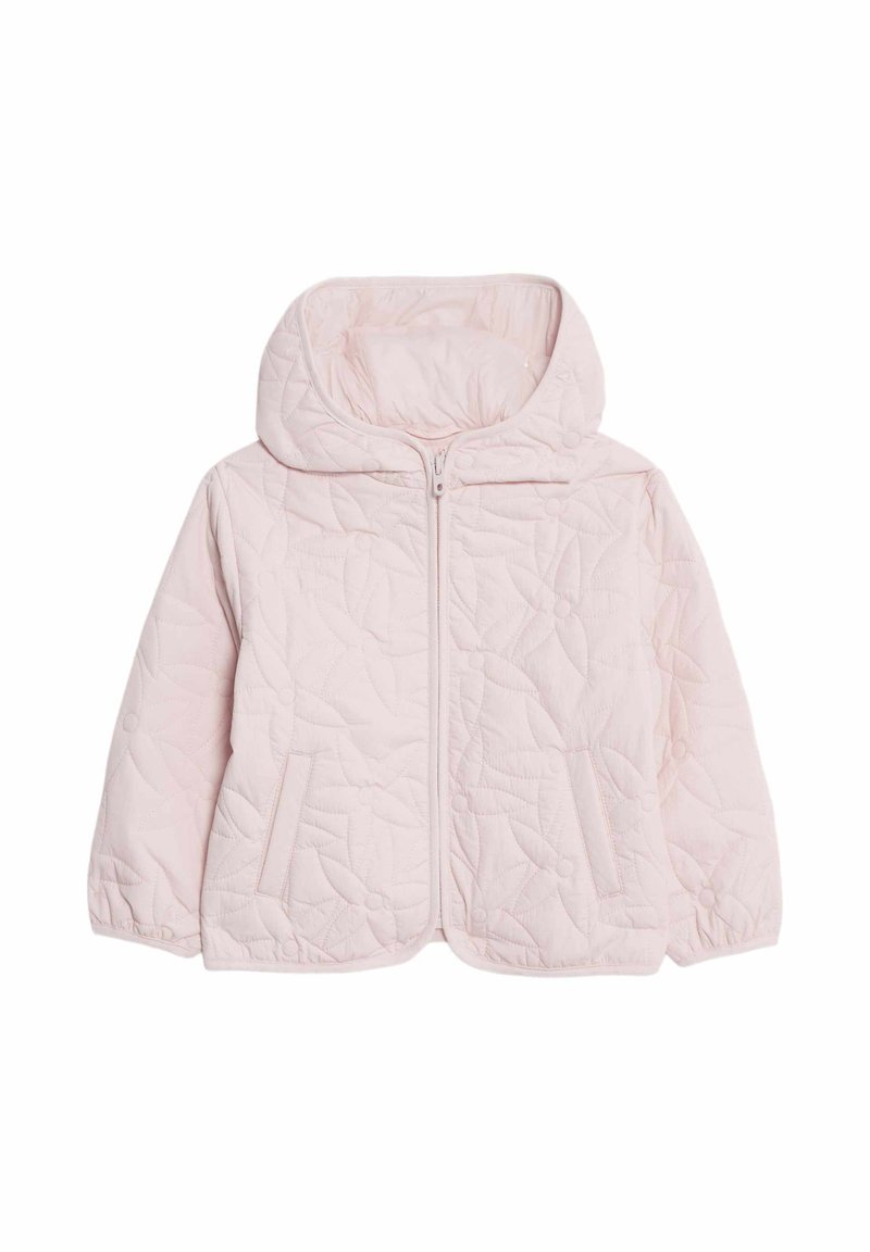 Gestepptes pinkes Jacket mit Kapuze, ausgestattet mit einem Reißverschluss vorne, zwei Seitentaschen und einem auf dem Stoff geprägten Blumenmuster.