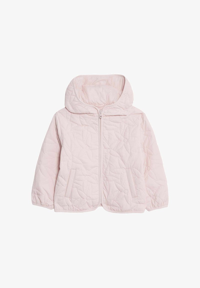 Gestepptes pinkes Jacket mit Kapuze, ausgestattet mit einem Reißverschluss vorne, zwei Seitentaschen und einem auf dem Stoff geprägten Blumenmuster.