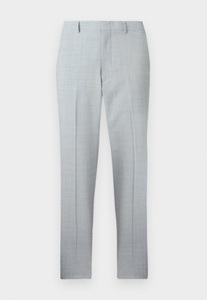 Light gray trousers with a smooth texture, tailored design, straight legs, and subtle check pattern, featuring belt loops and no visible pockets.