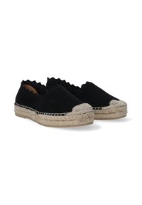 Černé semišové espadrilky s vroubkovanými okraji, středová podrážka z juty a světlé tkané akcenty na špičce. Nízkoprofilový design.