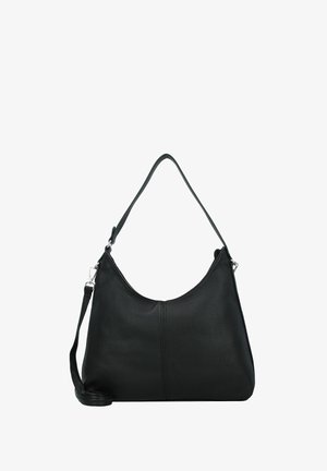 Schwarze Leder-Schultertasche mit einer geschwungenen Form, einem einzelnen Tragegurt und einer strukturierten Oberfläche. Verfügt über eine dezente Nahtdetail auf der Vorderseite.