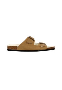 Brune ruskind slidesandal med to justerbare spænder, en korkmellemsål og en konturformet sål. Flad, åben design for nem påtagning.