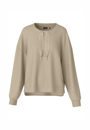 Beiger Langarm-Sweatshirt mit weitem Rundhalsausschnitt und zwei breiten Kordeln, geprägt mit dem Text "JOOP!".