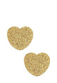 Twee gouden glitter hartvormen met een gestructureerd oppervlak met kleine reflecterende deeltjes, op een plain witte achtergrond.