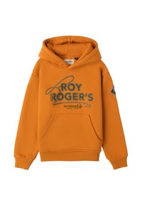 Felpa in cotone arancione con tasca frontale, caratterizzata da ricami in verde con "ROY ROGER'S" e "OUTDOOR life". Include polsini e orlo a coste.