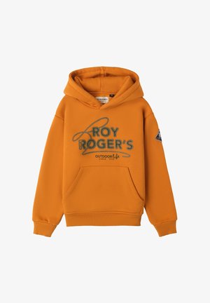 Felpa in cotone arancione con tasca frontale, caratterizzata da ricami in verde con "ROY ROGER'S" e "OUTDOOR life". Include polsini e orlo a coste.