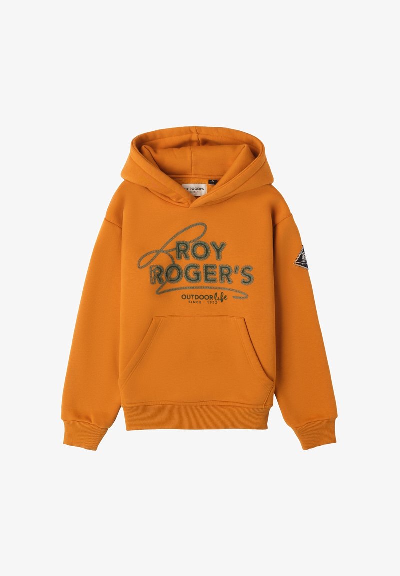 Felpa in cotone arancione con tasca frontale, caratterizzata da ricami in verde con "ROY ROGER'S" e "OUTDOOR life". Include polsini e orlo a coste.
