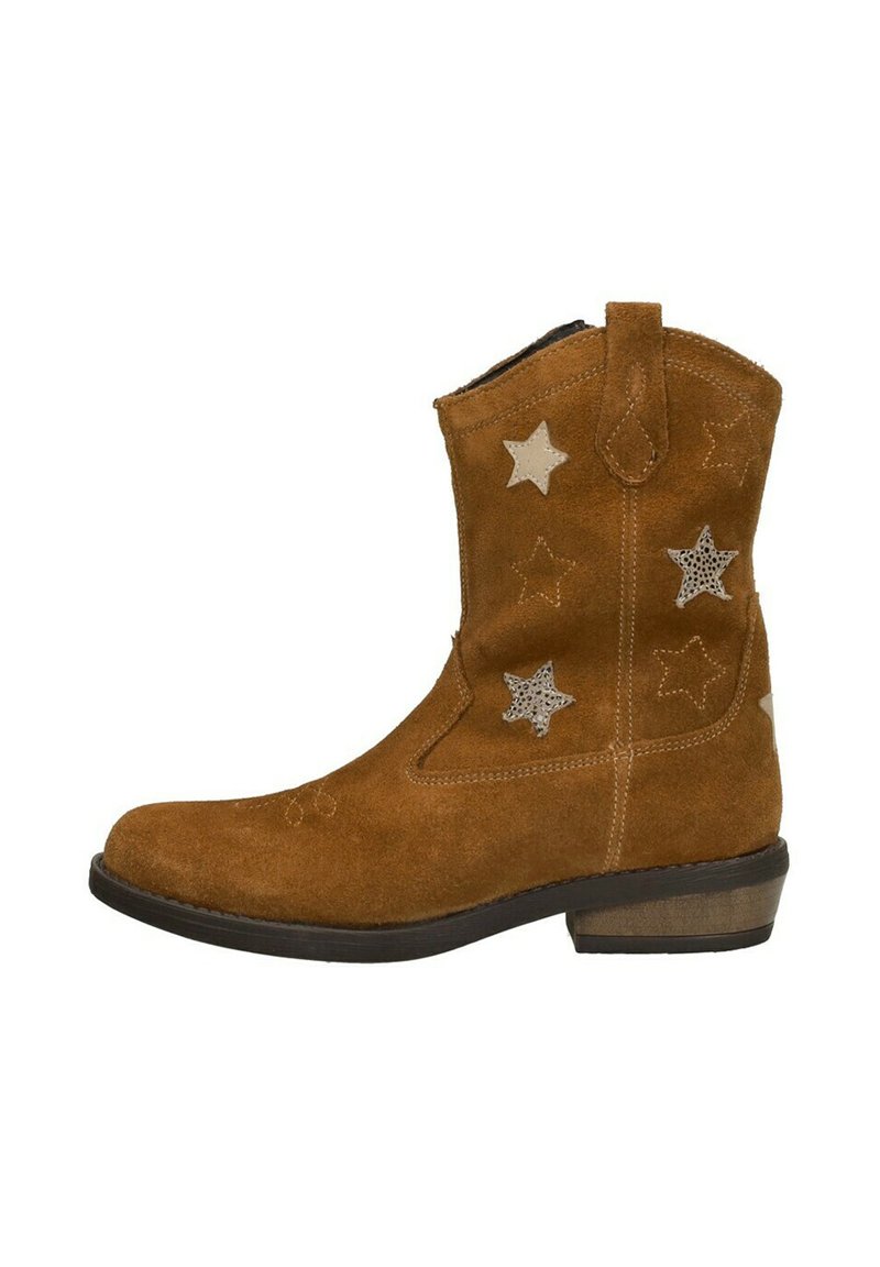 Brown suede cowboy boot with a slightly pointed toe, featuring star appliqués in cream and gray, a low stacked heel, and pull tabs.