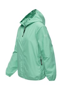 Lightweight mint green jacket with a hood, full zipper, and elastic cuffs. Features side pockets and a smooth, water-resistant fabric.