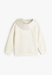 Kremowa bluza z dużym, zaokrąglonym kapturem i ściągaczami. Miękki, przytulny materiał o minimalistycznym designie, bez widocznych wzorów czy logotypów.