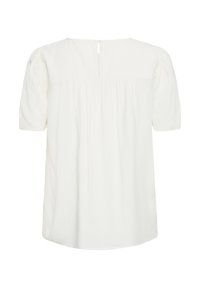 Biela blúzka s krátkymi rukávmi s naškrobenou zadnou časťou a malým zapínaním na gombík v hornej strednej časti zadnej strany.