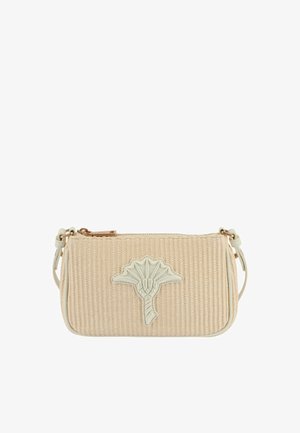 Geweven beige handtas met een gestructureerde afwerking, voorzien van een wit geborduurd bloemdesign, een ritsluiting en een afneembare schouderband.