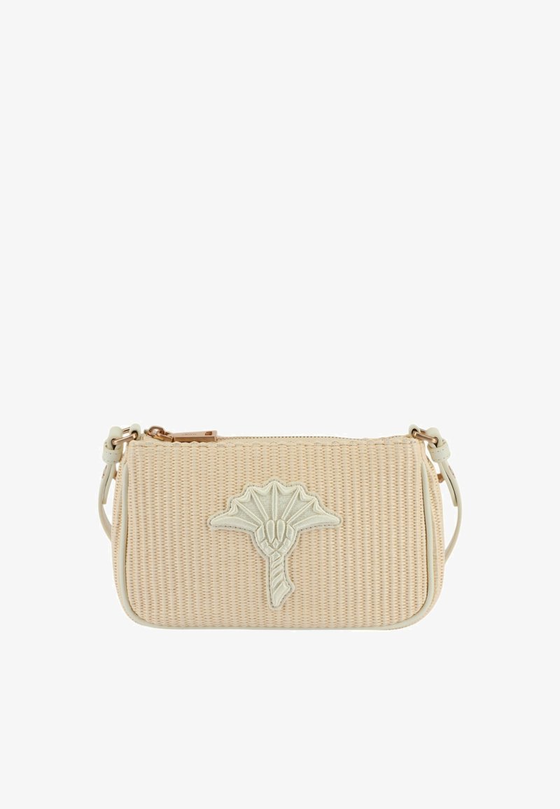 Borsa tote beige intrecciata con una finitura testurizzata, caratterizzata da un design floreale ricamato bianco, una chiusura con zip e una tracolla rimovibile.