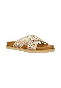 Sandali slide in fibra naturale intrecciata con una soletta in pelle marrone, caratterizzati da due cinturini incrociati e una suola in gomma testurizzata per una migliore aderenza.
