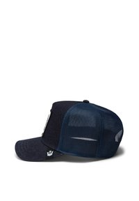 Navy baseball cap with a solid front and mesh back, featuring a curved visor and a metal accent on the front panel.