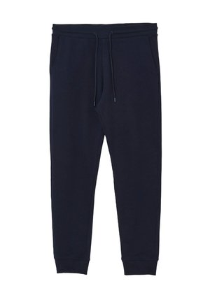 Pantaloni tuta blu navy realizzati in un tessuto misto cotone, con cintura elasticizzata e cordoncini, tasche laterali e polsini a coste.