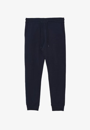 Pantalons de survêtement bleu marine en tissu mélangé coton, dotés d'une taille élastique avec cordons de serrage, de poches latérales et de bords côtelés.