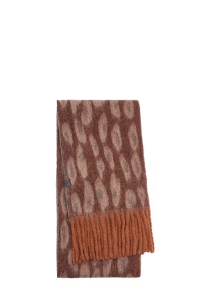 Brązowy i beżowy szalik w wzory wykonany z miękkiego materiału, z frędzlami na jednym końcu i gładką strukturą w całej długości.