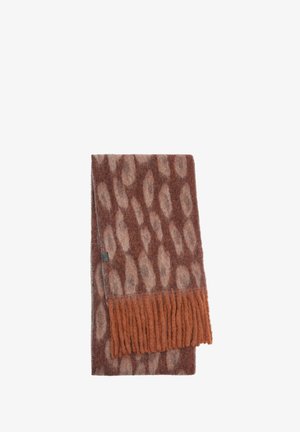 Brązowy i beżowy szalik w wzory wykonany z miękkiego materiału, z frędzlami na jednym końcu i gładką strukturą w całej długości.