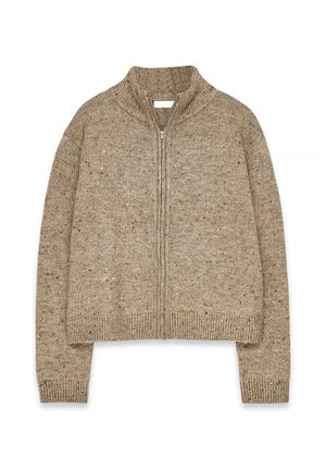 Beige knitted sweater with a high collar and full zip closure. Features a textured pattern with speckled fibers and ribbed hems.