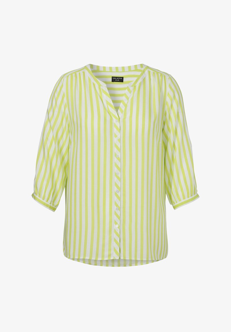 Gestreifte Bluse in hellgelb und Weiß, mit V-Ausschnitt, dreiviertellangen Ärmeln und Knopfverschluss vorne. Sanfter Stoff.