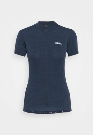 Marineblå cykeltrøje med korte ærmer, frontlynlås og "GORE"-logo på brystet.