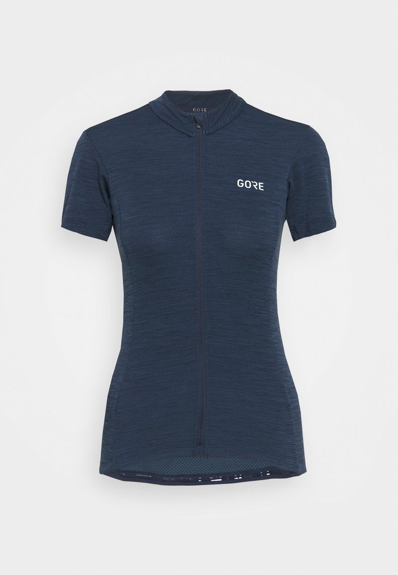Marineblaues Radtrikot mit kurzen Ärmeln, Frontreißverschluss und "GORE"-Logo auf der Brust.