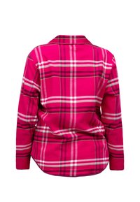 Camicia a quadri rosa con maniche lunghe, caratterizzata da strisce bianche e rosa scuro, colletto classico e orlo curvo sul retro.