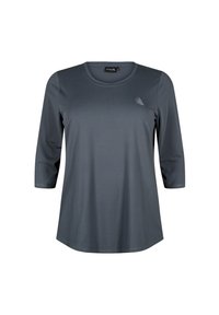 Gray long-sleeve shirt made of soft fabric with a round neck, featuring a subtle logo on the chest and simple stitch detailing.