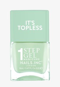 Bottiglia di smalto per unghie con base trasparente e cappuccio verde menta. L'etichetta recita "1 STEP GEL MANICURE NAILS.INC LONDRA È TOPLESS." 14ml.