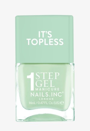 Nagellackflaska med genomskinlig bas och mintgrön kork. Etiketten säger "1 STEG GEL MANIKYR NAILS.INC LONDON DET ÄR TOPPLÖST." 14 ml.