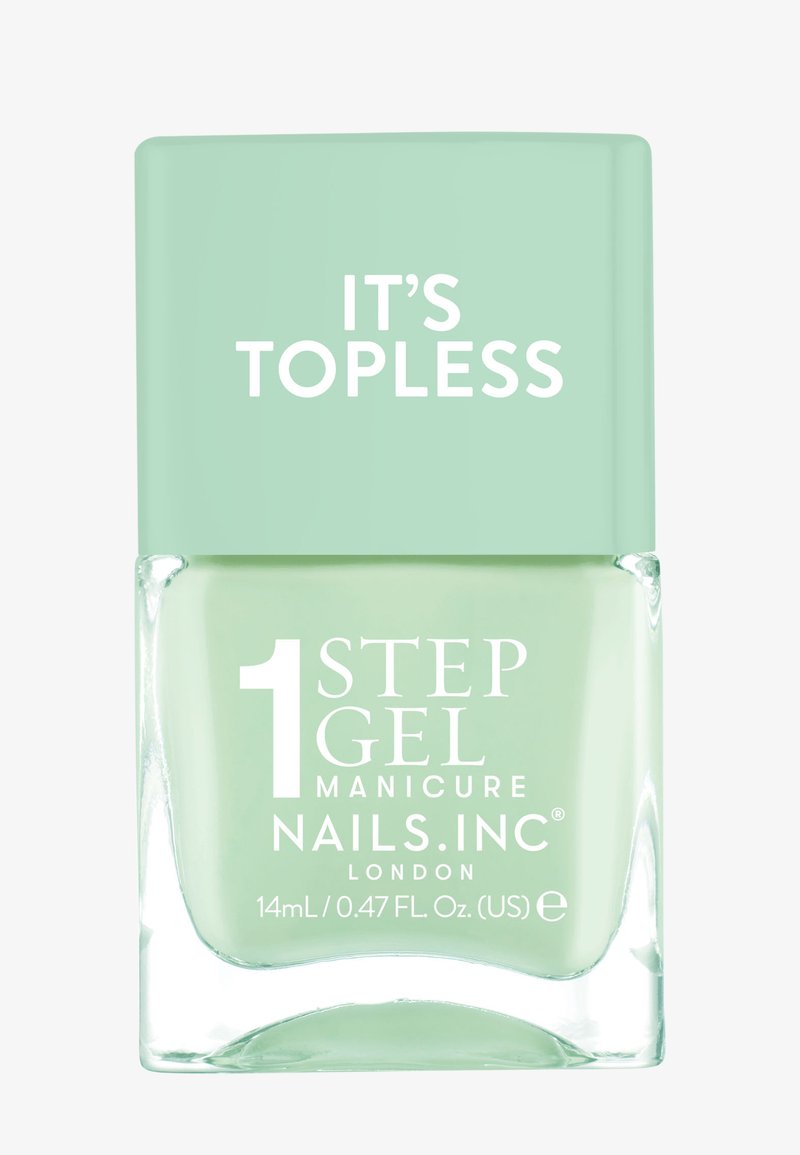 Bottiglia di smalto per unghie con base trasparente e cappuccio verde menta. L'etichetta recita "1 STEP GEL MANICURE NAILS.INC LONDRA È TOPLESS." 14ml.