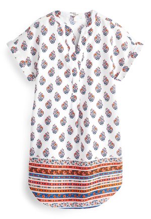 Tunique blanche à manches courtes avec imprimés paisley floraux bleus et orange, dotée d'un col en V et d'un motif floral rayé à l'ourlet.