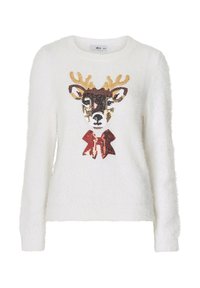 Fluffy witte trui met een rendierontwerp, versierd met fonkelingen in bruin, beige en rood, en een rode strikdetail op de borst.