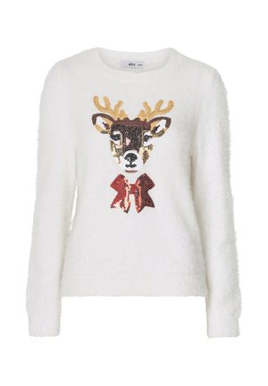 Fluffy white sweater with a reindeer design featuring sequins in brown, beige, and red, along with a red bow detail on the chest.