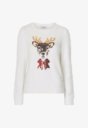 Fluffy witte trui met een rendierontwerp, versierd met fonkelingen in bruin, beige en rood, en een rode strikdetail op de borst.