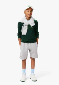 Felpa verde, pantaloni shorts grigi e sneakers bianchi. Gli accessori includono un maglione grigio legato attorno al collo e un cappellino bianco con un logo.