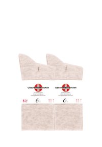Cinq paires de chaussettes de santé, en tissu beige avec une texture douce, présentant un design tricoté à plat et sans bande élastique, étiquetées en allemand.