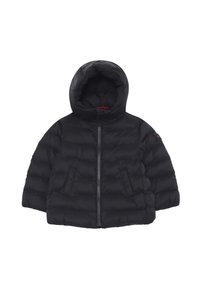 Giubbotto imbottito nero con cappuccio, zip frontale e texture trapuntata. Presenta tasche laterali e un piccolo dettaglio su una manica.