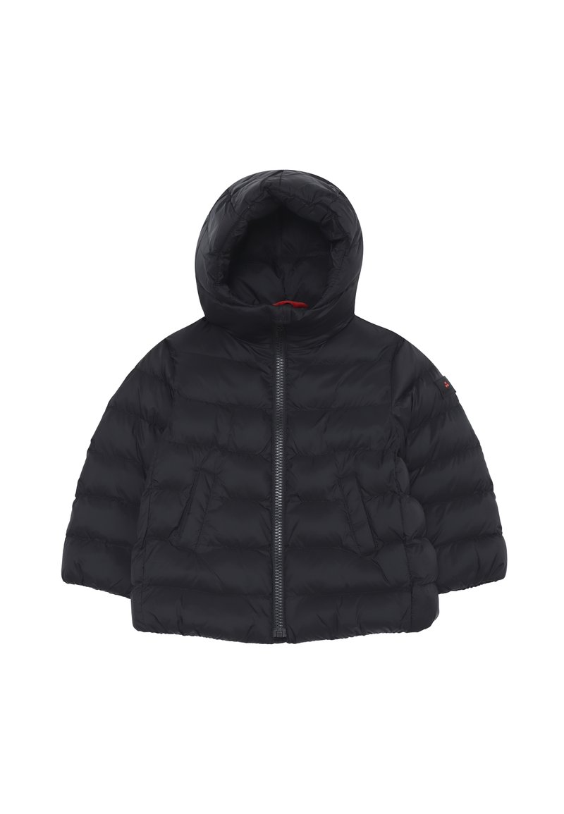 Giubbotto imbottito nero con cappuccio, zip frontale e texture trapuntata. Presenta tasche laterali e un piccolo dettaglio su una manica.